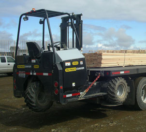 Palfinger CR65 Crayler Forklift shown in stowed travel position on back of truck chassis