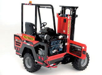 Palfinger GT55 PALreach Crayler Forklift shown from side angle with engine compartment door open.